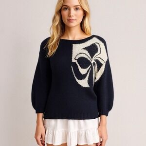 Vintage 80s‎ Black Ivory Bow Graphic Batwing Sweater Statement Retro Knit M
